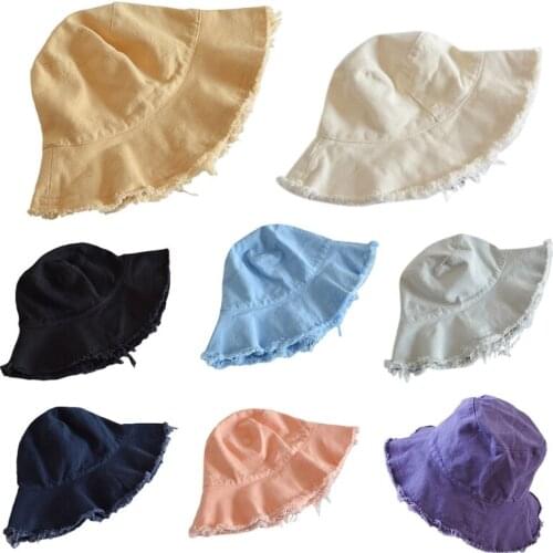 Women Men Vintage Distressed Frayed Washed Bucket Hat Wide Brim Sun Protection Solid Color Foldable Panama Fisherman Cap