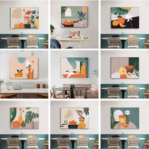 Simple Nordic watercolor plant cat fruit restaurant porch living room mural poster print canvas decorative painting