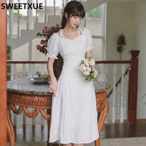 SWEETXUE Romantic French Vintage Square Collar White Dress Womens Fashion Elegant Bow Lace-up Sweet Cute Chic Female Vestidos