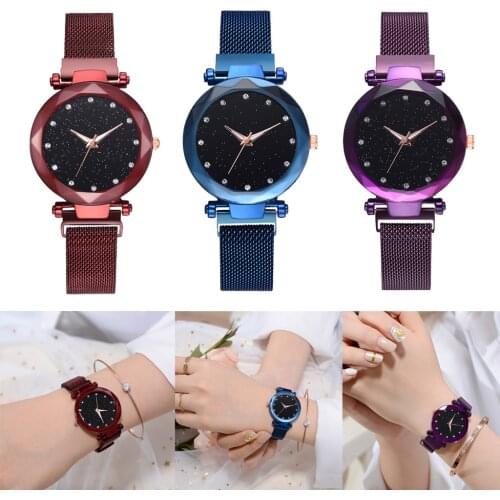 Luxury Womens Starry Sky Dial Watch Magnetic Band Quartz Wristwatch