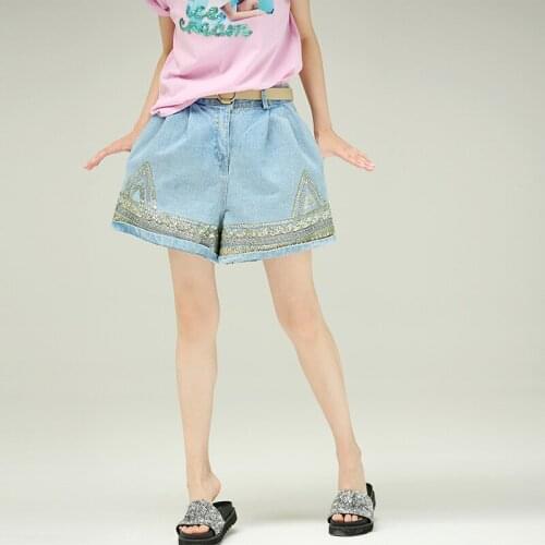 MICOCO N1853 Sequined gold-edged broad-legged denim shorts for the summer of 2018