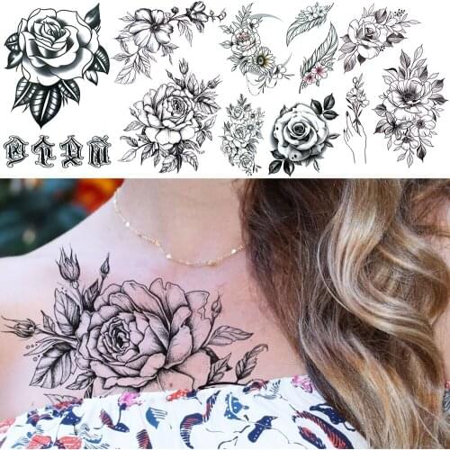 3D Rose Flower Temporary Tattoos For Women Girl Realistic Dahlia Marigold Leaf Moon Feather Fake Tattoo Sticker Unique Tatoos