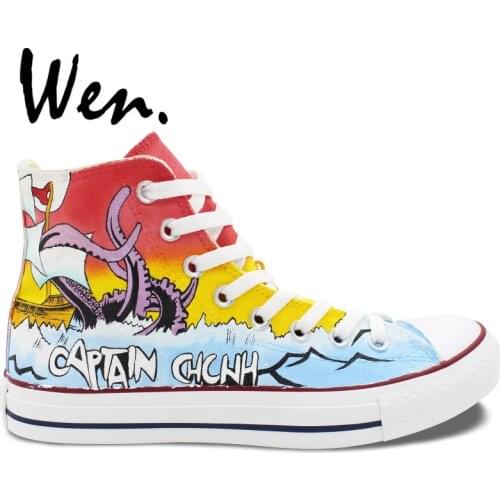 WEN Men Women Hand Painted Shoes Design Custom Chunk No, Captain Chunk High Top Canvas Sneakers Sport Trainer Lace up Plimsolls