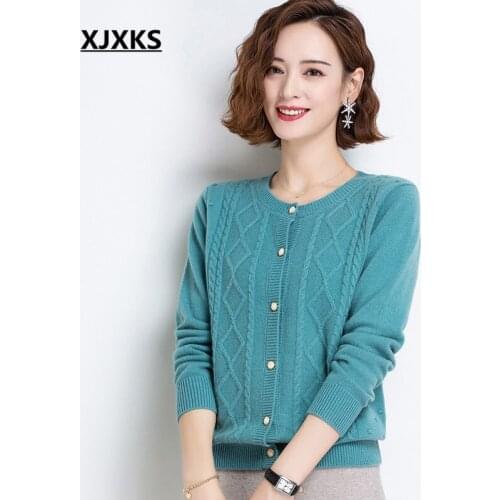 XJXKS Round neck long sleeve women 100% wool knitted cardigan 2021 spring autumn new high-end women casual sweater coat