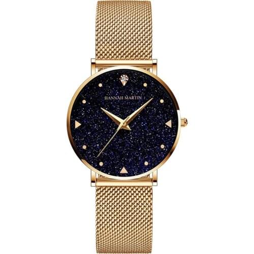 Japan Quartz Movement Stainless Steel Mesh Band Watch Golden Ladies Wristwatches Flash Night Stars Face New Watches For Women