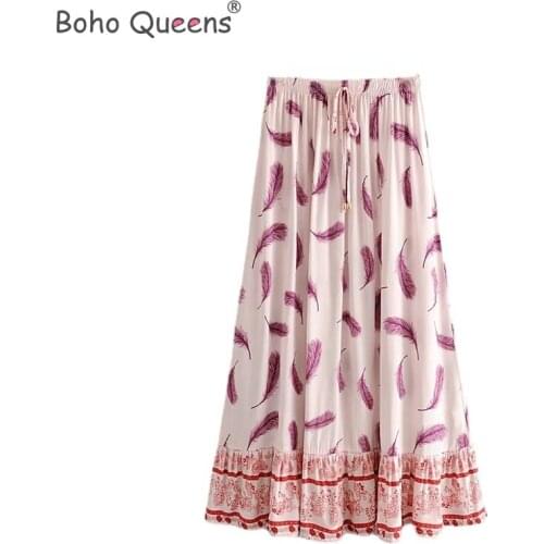 Boho Queens fashion Hippie women feather print beach Bohemian skirt ladies High Elastic Waist A-Line rayon Boho Maxi Skirt