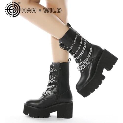 Gothic Punk Womens Platform Boots Metal Chain Wedges Shoes Mid-Calf Ladies Motorcycle Boots Side Zipper Biker Boots