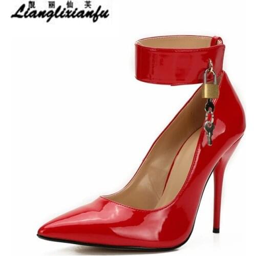 SDTRFT ladies Stilettos 12cm thin high heels sexy Cosplay Patent Leather Metal chain pumps womens wedding shoes US14 15 16 17
