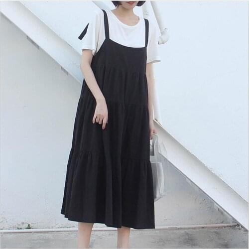 2020 Women Summer Thin Cotton and Linen Spaghetti Strap Dress Solid 4Color Ruffles Bow Dress Vestido Plus Size Dress M-7XL