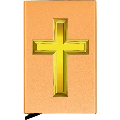 Golden Metal Case Christian Cross Printing Credit Card Holder Men Slim Anti Protect Travel ID Cardholder Women Rfid Wallet