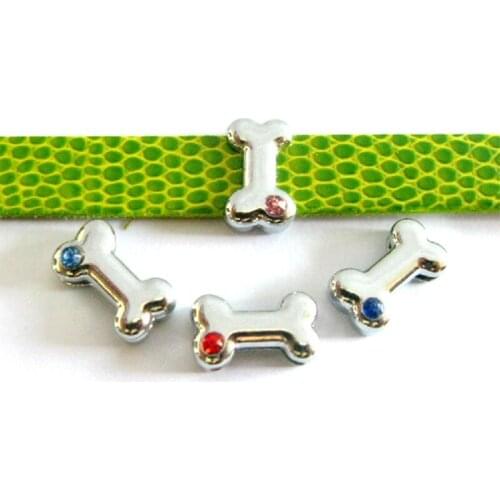 10PCS 8mm Alloy Colorful Rhinestone Dog Bone Slide Charms Slide Beads DIY 8mm Hole Bracelets Wristbands Pet Collar Belt Strap