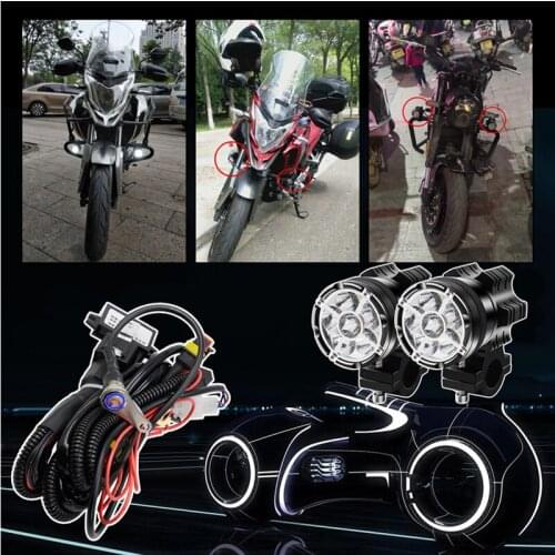2PCS 6 Lamp Beads Motorcycle LED Headlights Constant Bright Flashing Light With Blue Aluminum Alloy Switch Wiring Harness