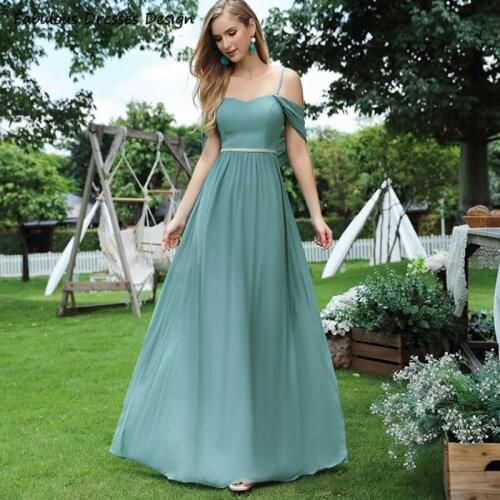 2021 Spaghetti Strap Bridesmaid Dresses Long A-line Off Shoulder Sweetheart Backless Wedding Party Dress Vestido De Festa Rose