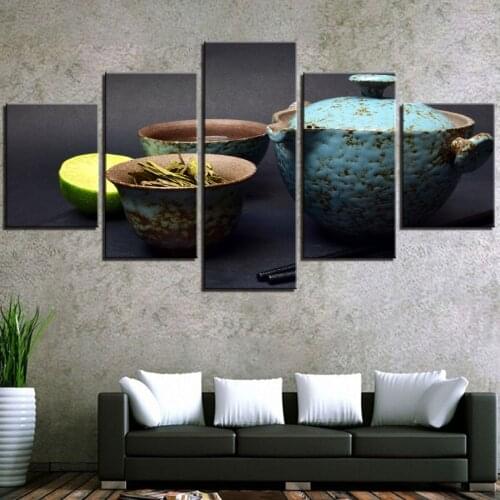 5 Pieces Tea Culture Canvas Chinese Style Posters Leaves Water For Home Room Pantry Decor Teapot Framework Modular