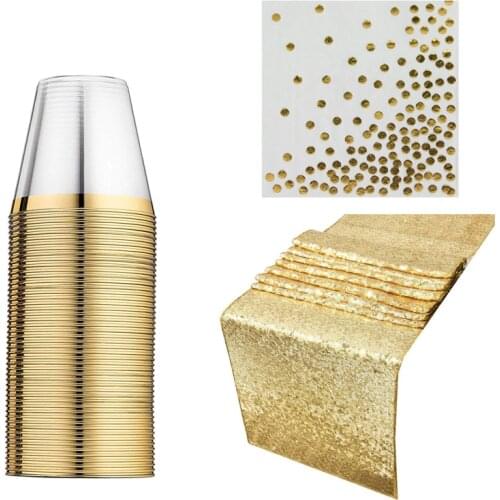 50pcs 9OZ Rose Gold Rim Transparent Plastic Cups Disposable Napkin Table Cloth Towel Wedding Birthday Party Party Decoration Set