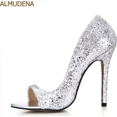 ALMUDENA Bling Bling Sequined Dress Shoes Thin High Heel Sparkling Bridal Shoes Nightclub Girls Stage Pumps Shining Paillette