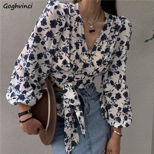 Women V-neck Blouses Retro Floral Bandage Tunic Slim Full Sleeve Korean Style Crop Top New Leisure Hipster Designer Females Chic