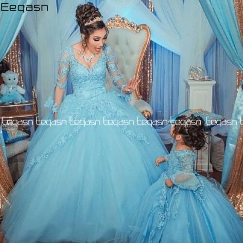 Eeqasn Princess Arabic Light Blue Quinceanera Dresses 2020 Lace Applique Sweetheart Prom Dresses Lace-up Sweet 16 Party Dress