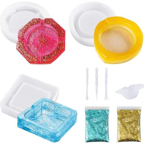 Epoxy Resin Ashtray Mold Contains 3 DIY Silicone Molds 2 Packs of Shiny Foils and A Set of Liquid Glue Mixing Tools