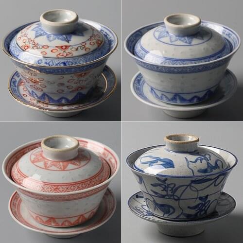 Jingdezhen top ten porcelain factory old tea set classic blue and white exquisite add color cover bowl