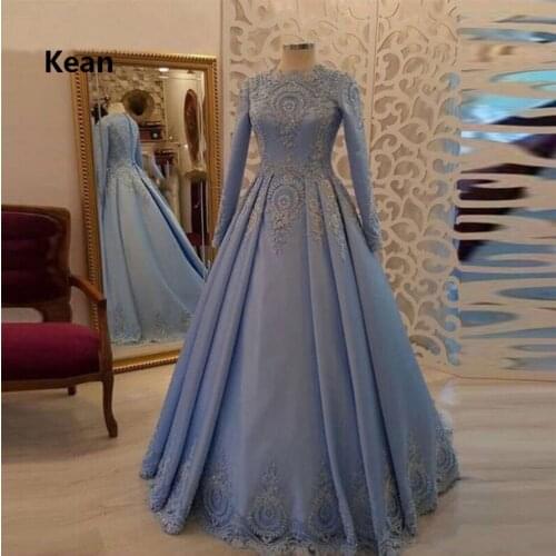 Blue Muslim Evening Dress Full Sleeve Applique vestidos Islamic Dubai Kaftan Saudi Arabic Evening Gown Prom Dress