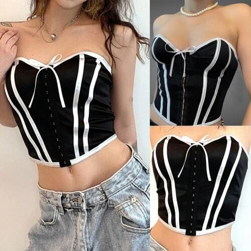 Hot kf-Corset Crop Tops Women Sexy Deep V-Neck Bow Halter Sleeveless Shirt Summer Backless Tank Tops Club Party Outfits