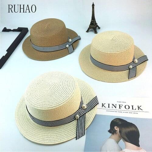 RUHAO Summer Lady Ribbon Classic Bowknot Flat Sun Hat Women Fedoras Travel Women Boater Beach Hat Female Casual Panama Hat