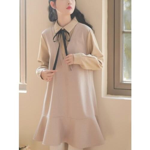 Sweet Cute Dress Women Casual Dress Spring 2021 New Lapel Fake Two-Piece Splicing Bow Long Sleeved Temperament Dress Vestidos