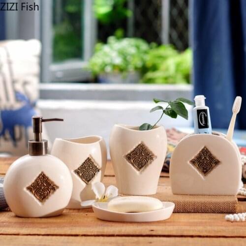5pcs/Set Ceramics Bath Accessories Kit Cups Toothbrush Holder Soap Dish Minimalist Household Bathroom Supplies