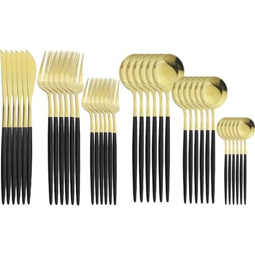36Pcs Black Gold Cutlery Set Knife Fork Spoon Dinnerware Sets Stainless Steel Tableware Set Dessert Salad Fork Flatware Kitchen