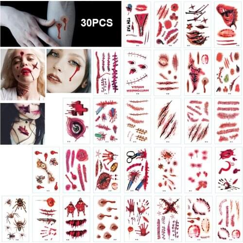 30Pcs Halloween Scar Tattoo Stickers Realistic Temporary Tattoo Stickers Fake Tattoo Sticker Body Art Fake Scab Tattoos Paste