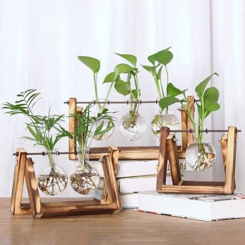 Desktop Clear Glass Planter Bulb Vase Terrarium Retro Wood Stand Home Decor with Mini Bulb Shape Vase with Wooden Stand