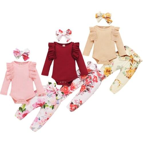 Newborn Baby Girls Autumn 3Pcs Set Solid Color Ruffled Long Sleeve Bodysuit+Floral Print Bow Long Pants+Headband