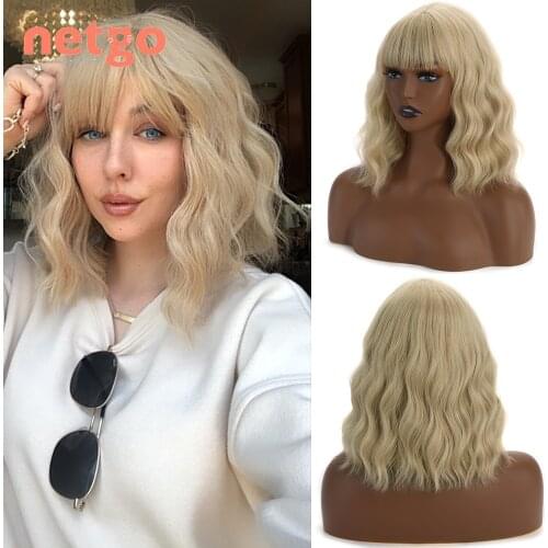 Synthetic Blonde Wig with Air Bangs, Short Wavy Bob Wigs for Black White Women Daily Party Cosplay Heat Resistant Fiber Hair
