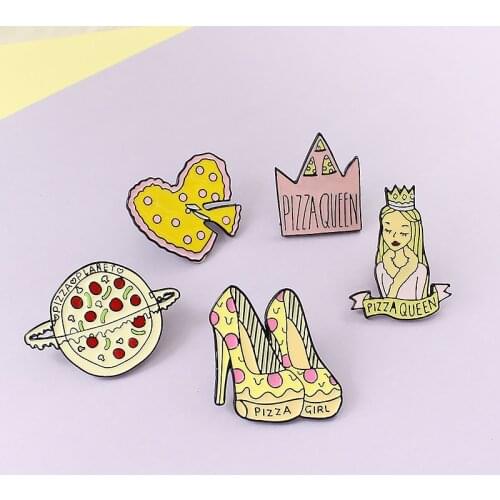 Pizza Queen Pizza Girl Pins Pizza Heart Crown Planet High heels brooch Bag Clothes Lapel Pin Badge Food Jewelry For Kids Friend