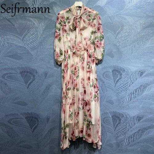 Seifrmann New 2021 Summer Women Fashion Runway Beach Holiday Maxi Dress Lantern Sleeve Bow Sashes Floral Printed Long Dresses