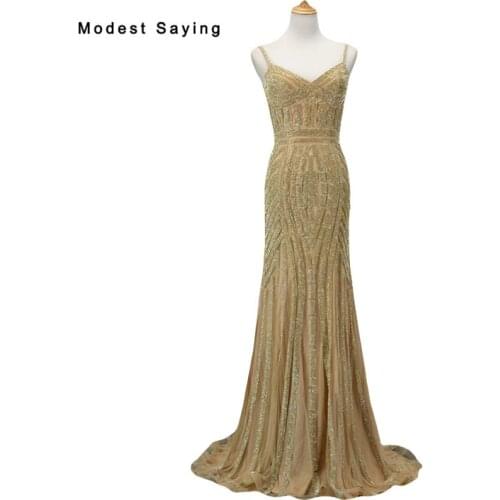 Luxury Gold Mermaid Sparkly Evening Dresses 2017 with Straps Sexy Formal Long Party Prom Gowns vestido de festa Custom Made
