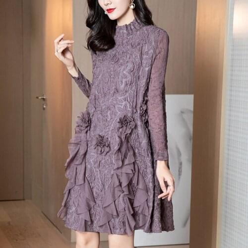 Likyims Grey Purple O Neck Embroidery Elegant Women Dress Spring 2021 3D Floral Middle Length Ruffle Long Sleeve French Dress