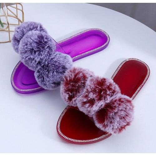 Slippers Women Faux Fur Flip Flops Pompom Summer Fluffy Slippers Ladies Sandals Crystal House Slippers For Women 2021 Fashion