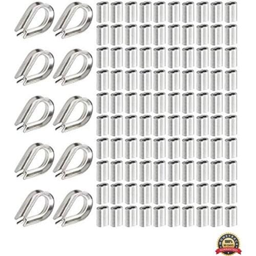 High Quaity 100pcs 1/16inch Wire Rope Aluminum Sleeves Clip Fittings Cable Crimps 10pcs M2 Stainless Steel Thimble Combo
