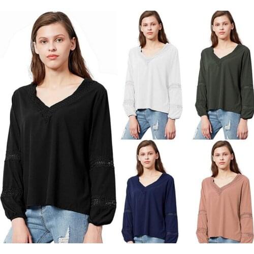 Womens Casual V-neck Loose Long Sleeves Tops Blouse