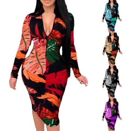 Womens Zipper Print Dresses Sexy Long Slim Long Ruffle Sleeves Slim Sexy Dress Ladies Party Event Fall Fashion Autumn Robe New