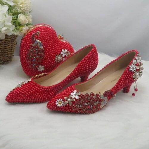 2021 New Arrival Heart Red Pearl Pointed Toe Bridal Wedding Shoes and bag Woman High Pumps Thin Heel Party Dress Shoes and bags
