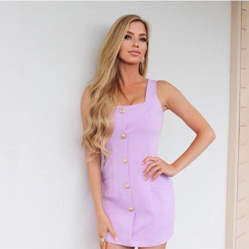 High quality 2020 autumn new fashion purple square neck tube top strap single breasted slim fit pocket short mini woman dress