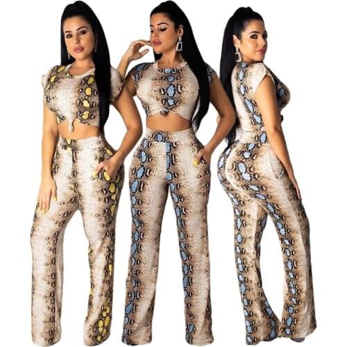 ZKYZWX Snake Skin Print 2 Two Piece Set for Women Festival Clothing Short Sleeve Tops+Wide Leg Pants Streetwear Matching Sets