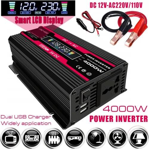 LCD Display Car Power Inverter 4000W Converter 12V to 220V/110V Smart Color Display Dual USB 4.2A Fast Charge