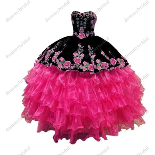 2022 Sexy Black and Hot Pink Printed African Floral Flower Ball Gown Quinceanera Prom Formal Dress Mexican Charro Sliver Button