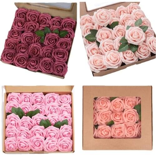 25pcs/Box PE Foam Artificial Rose Flowers Fake Flower Bridal Bouquet Wedding Decor DIY Scrapbooking Craft home table decoration