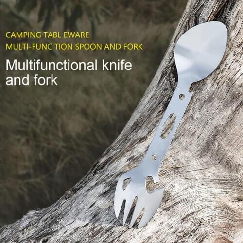 6 in 1 Multifunctional Stainless Steel Spoon Fork knife Bottle Opener Sawtooth Cutter Outdoor camping picnic survival Tableware