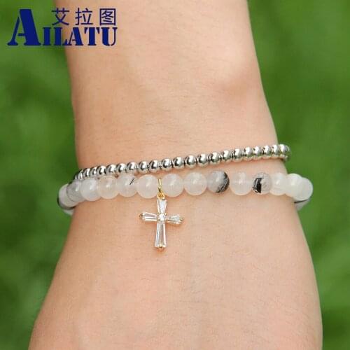Ailatu Summer Womens Jewelry 6mm Black Rutilated Quartz Stone Beads Clear Loyal Cross Cubic Zirconia Bracelet